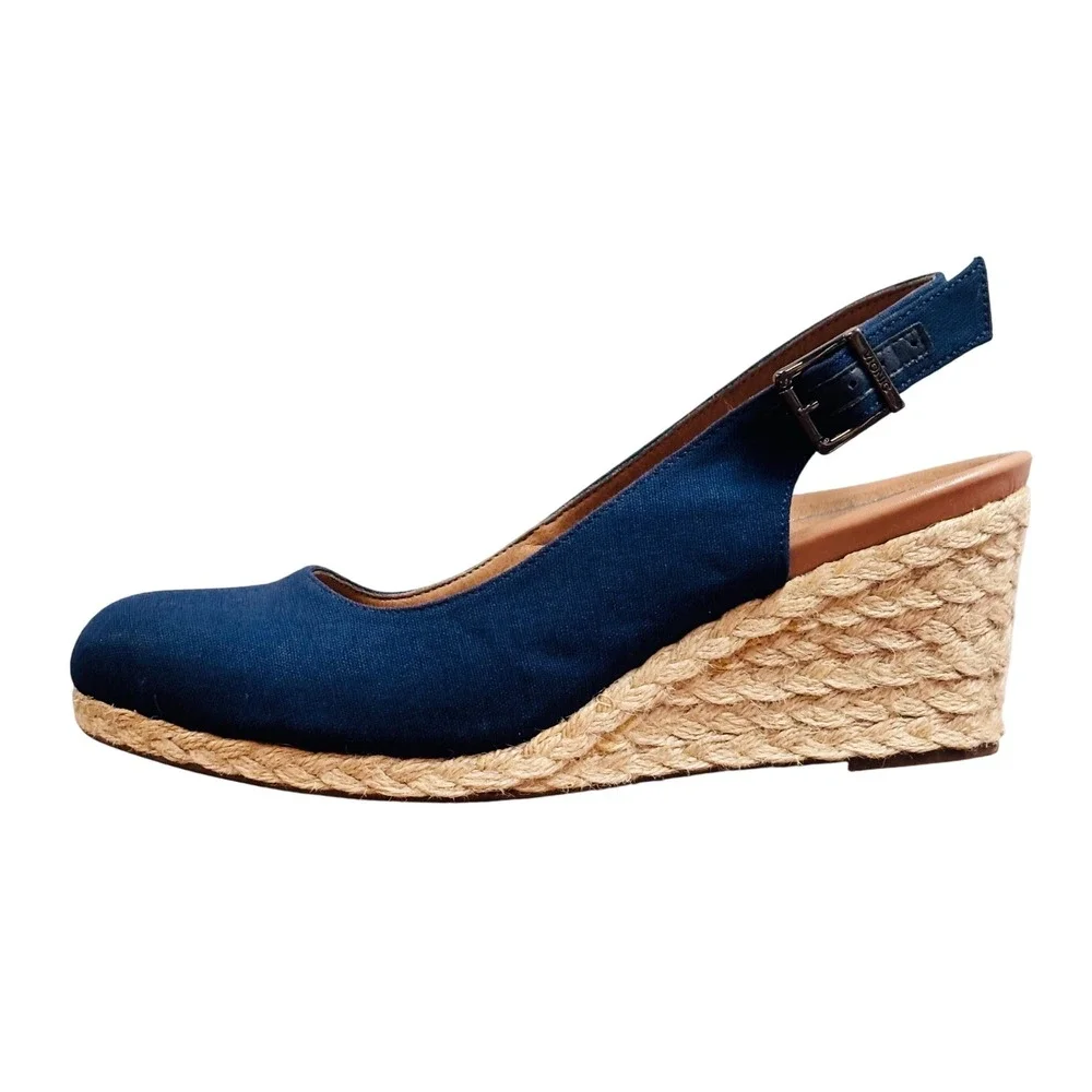 Vionic Coralina Navy Blue Canvas Slingback Espadrille Wedges Womens 7.5 Wide